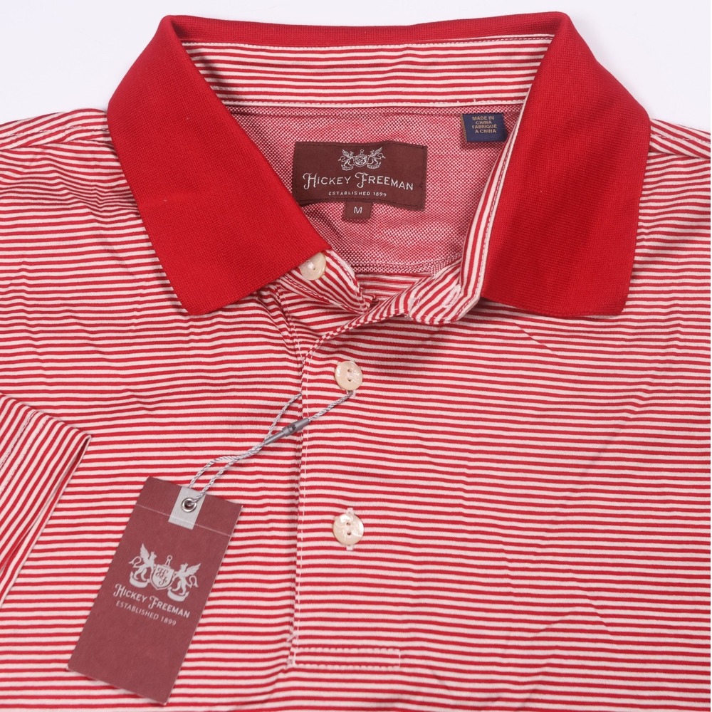 NEW Hickey Freeman Polo Shirt Striped Golf Casual Short Sleeve Red‎ Size M